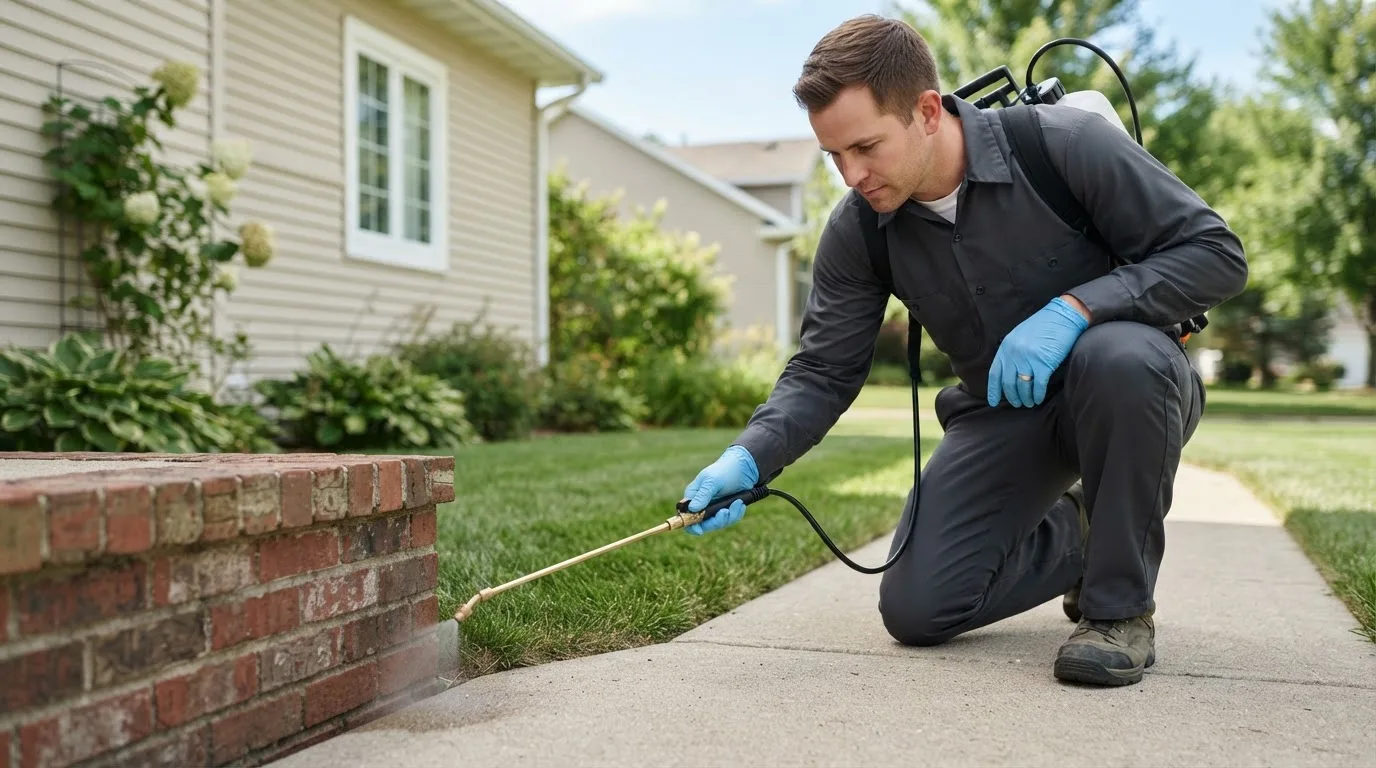 Pest control technician treating a home near Marlow, NH